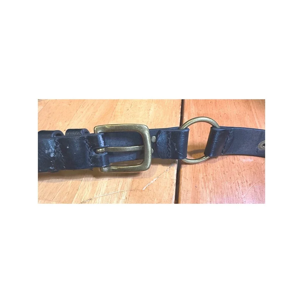 Vintage Black‎ Leather O-Ring Grommet Belt Antique Brass V Logo Grunge Moto